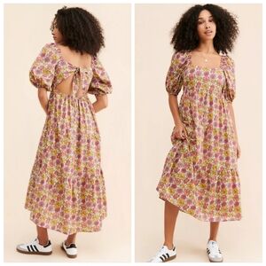 MinkPink‎ Women's Yasamin Printed Puff-Sleeve Open-Back Tiered Midi Dress Small